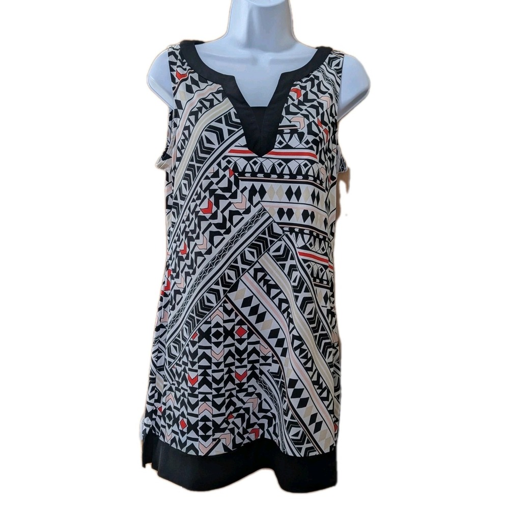 White House Black Market Women's Geometric Sleeveless‎ V-Neck Tunic Dress Size M